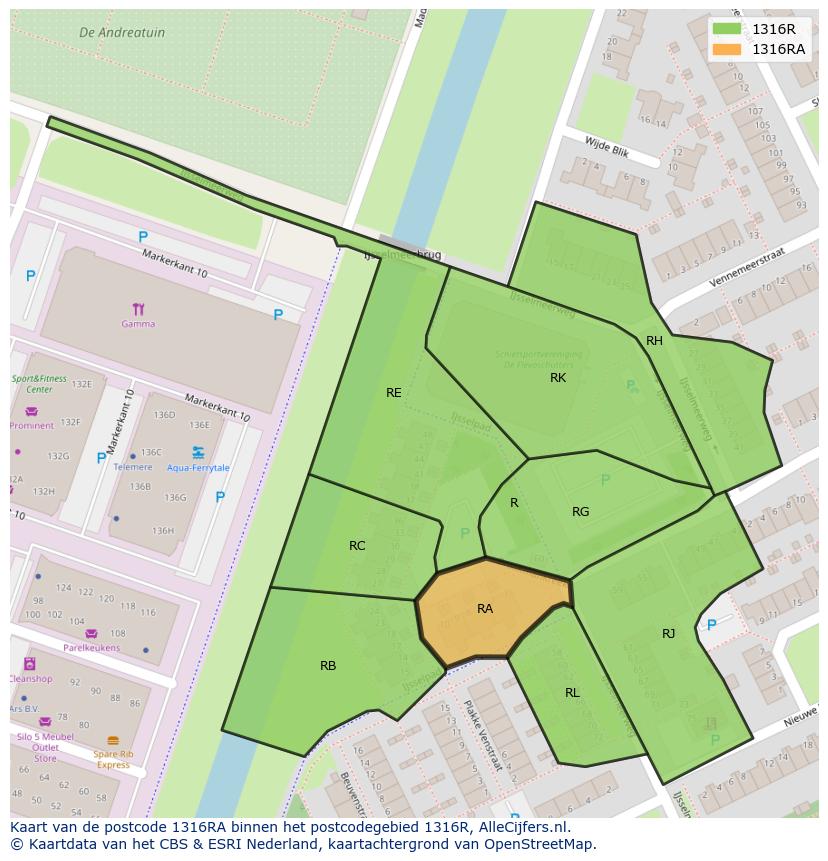Afbeelding van het postcodegebied 1316 RA op de kaart.