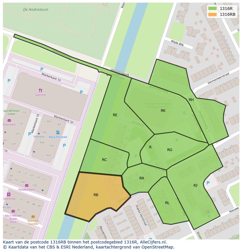 Afbeelding van het postcodegebied 1316 RB op de kaart.