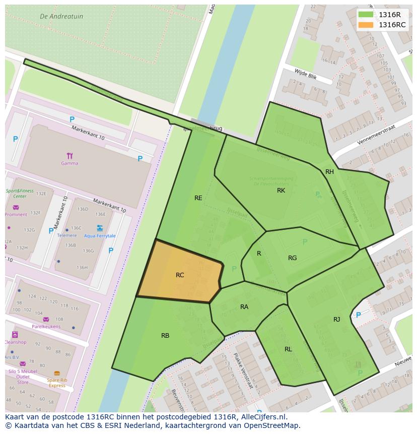 Afbeelding van het postcodegebied 1316 RC op de kaart.