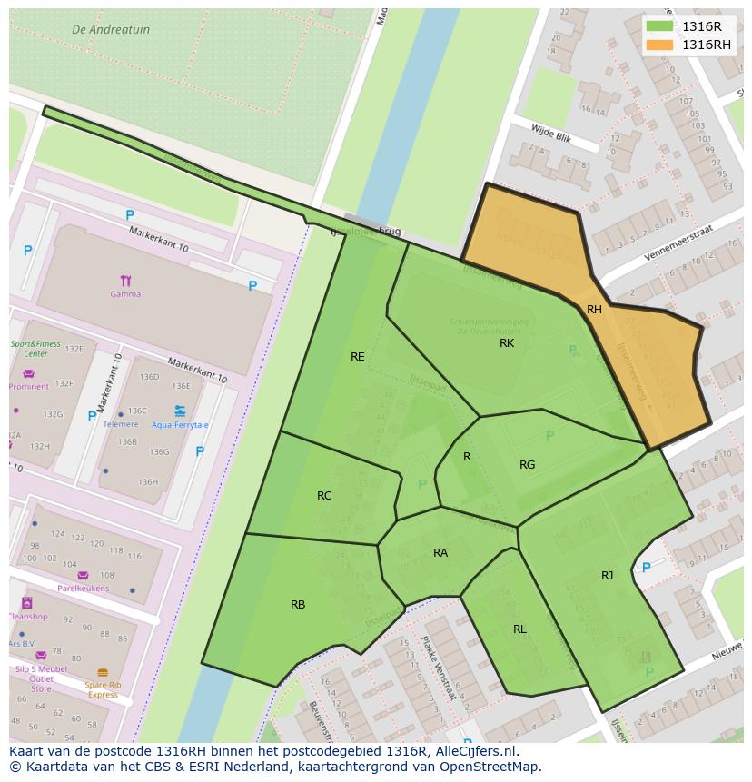 Afbeelding van het postcodegebied 1316 RH op de kaart.