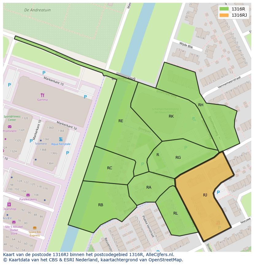 Afbeelding van het postcodegebied 1316 RJ op de kaart.