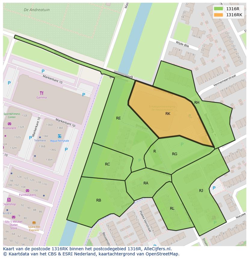 Afbeelding van het postcodegebied 1316 RK op de kaart.