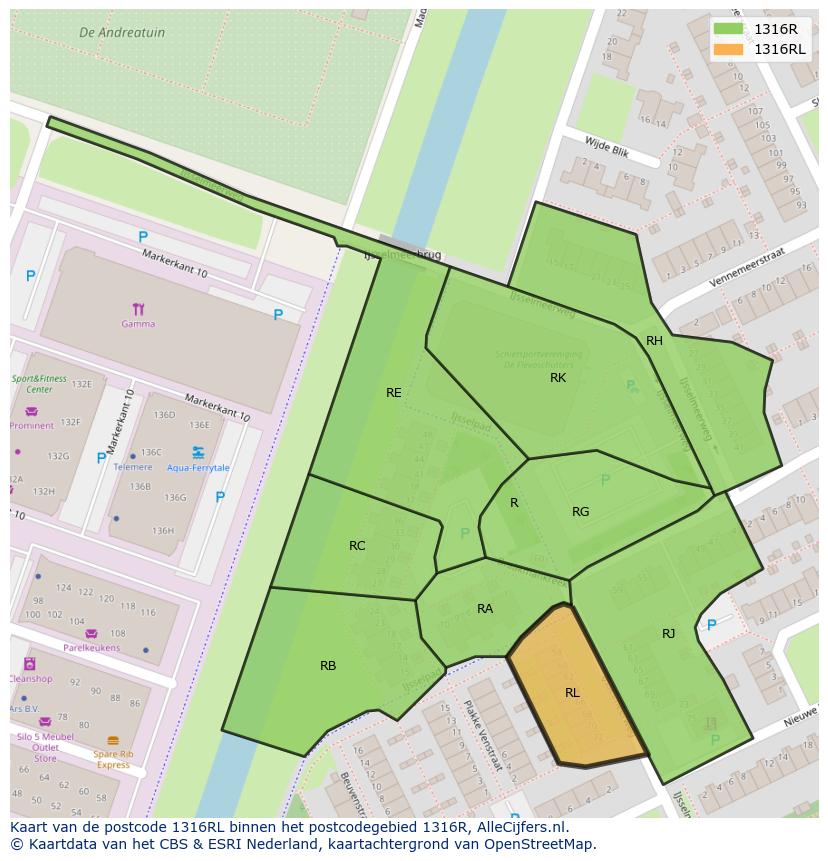 Afbeelding van het postcodegebied 1316 RL op de kaart.