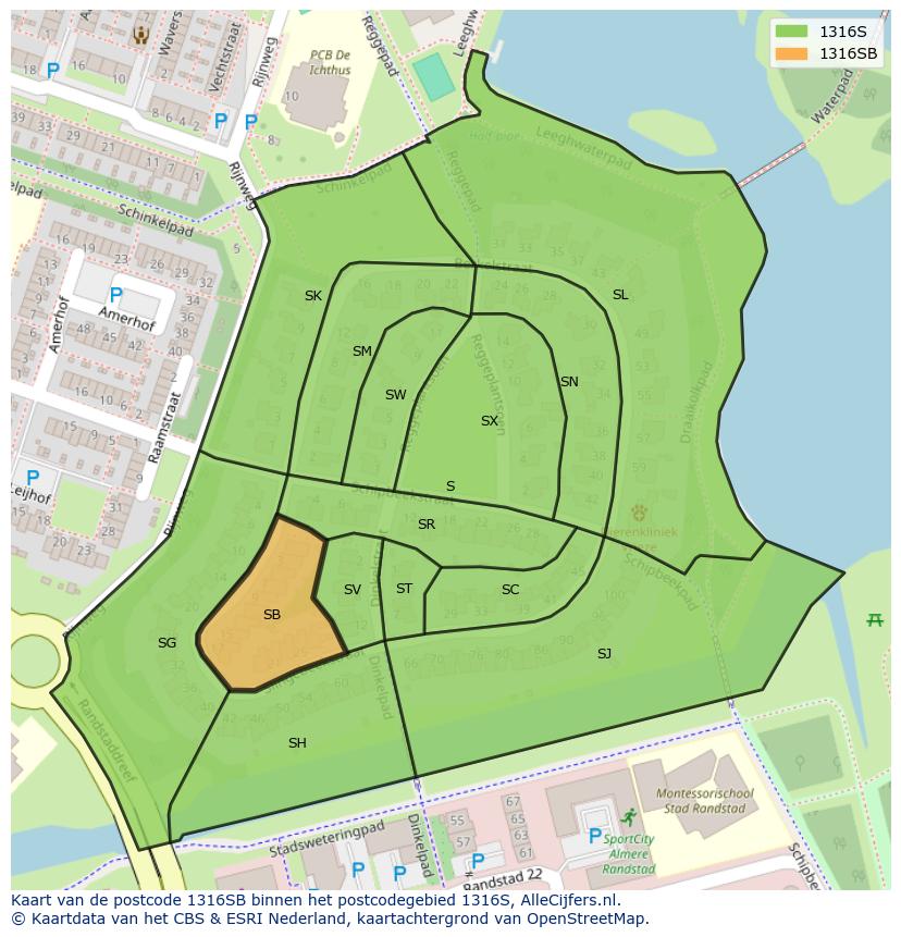 Afbeelding van het postcodegebied 1316 SB op de kaart.
