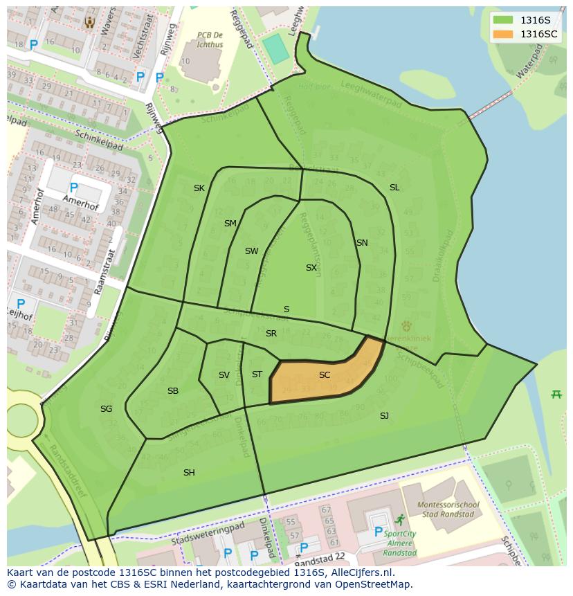 Afbeelding van het postcodegebied 1316 SC op de kaart.