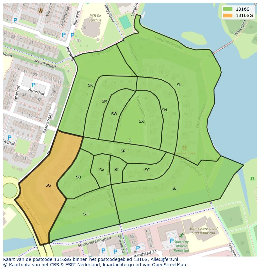 Afbeelding van het postcodegebied 1316 SG op de kaart.