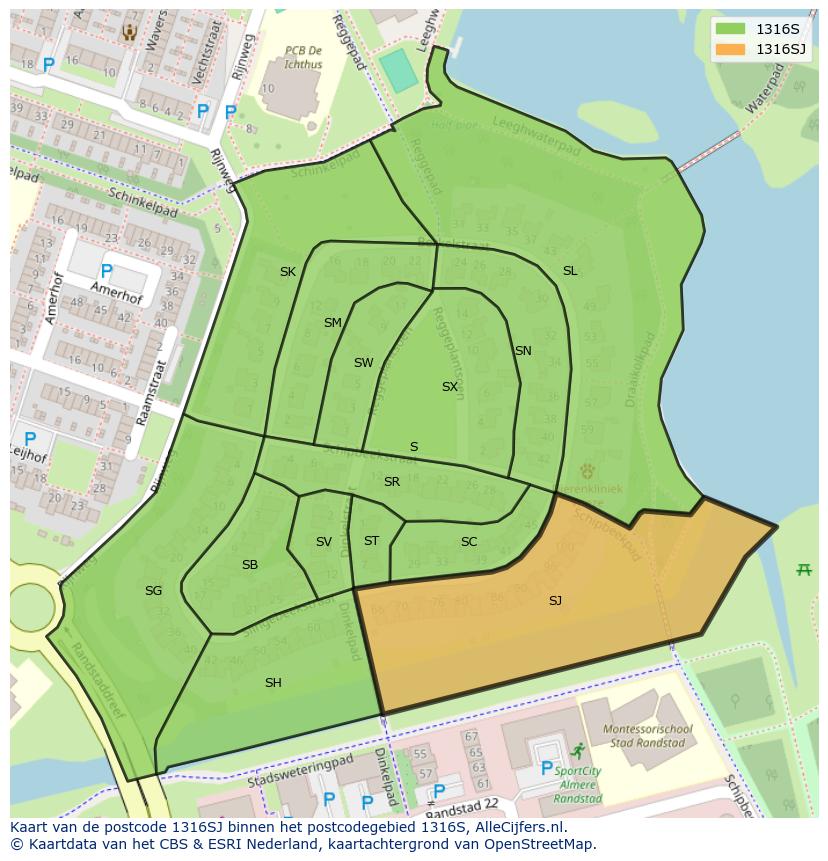 Afbeelding van het postcodegebied 1316 SJ op de kaart.