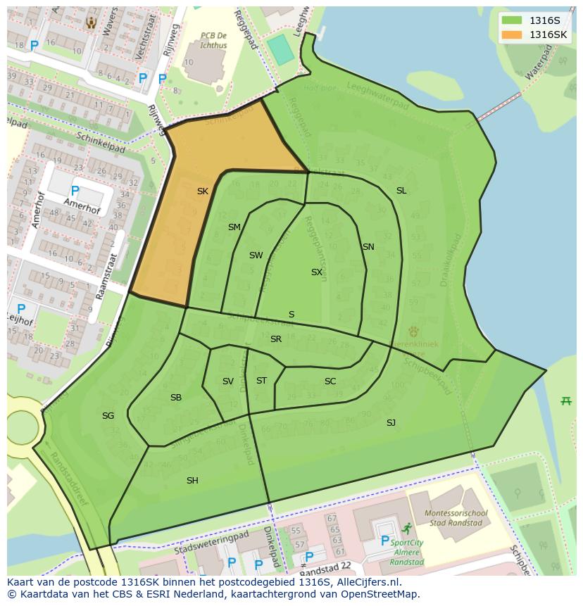 Afbeelding van het postcodegebied 1316 SK op de kaart.