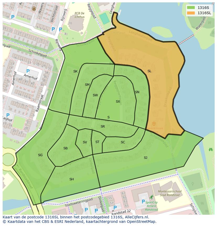 Afbeelding van het postcodegebied 1316 SL op de kaart.
