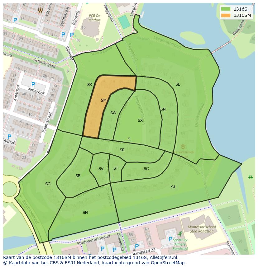 Afbeelding van het postcodegebied 1316 SM op de kaart.