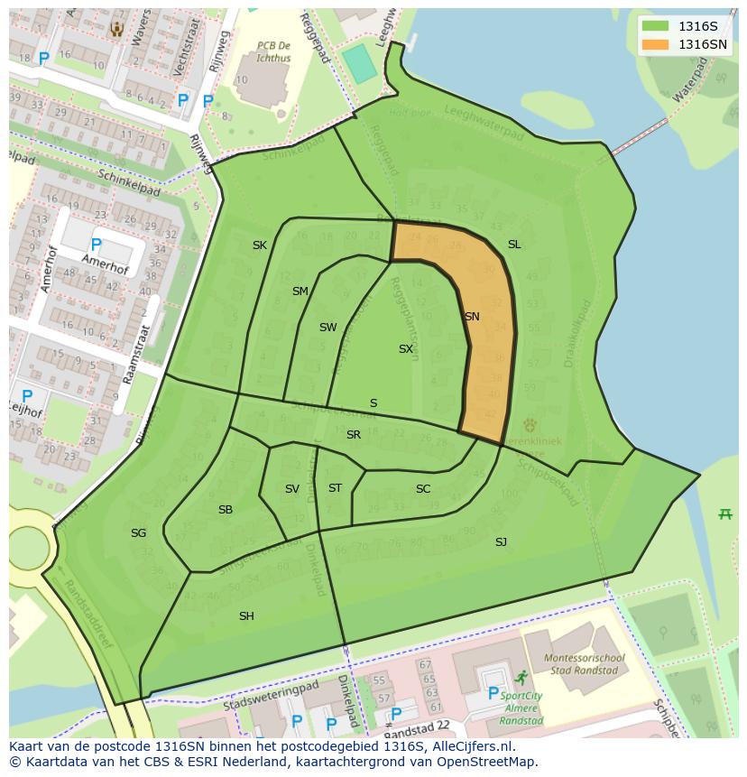 Afbeelding van het postcodegebied 1316 SN op de kaart.