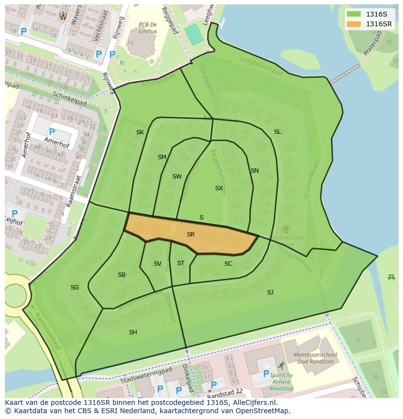 Afbeelding van het postcodegebied 1316 SR op de kaart.