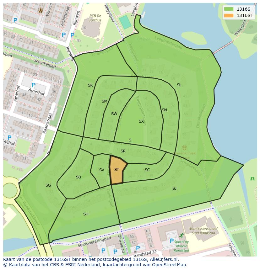 Afbeelding van het postcodegebied 1316 ST op de kaart.