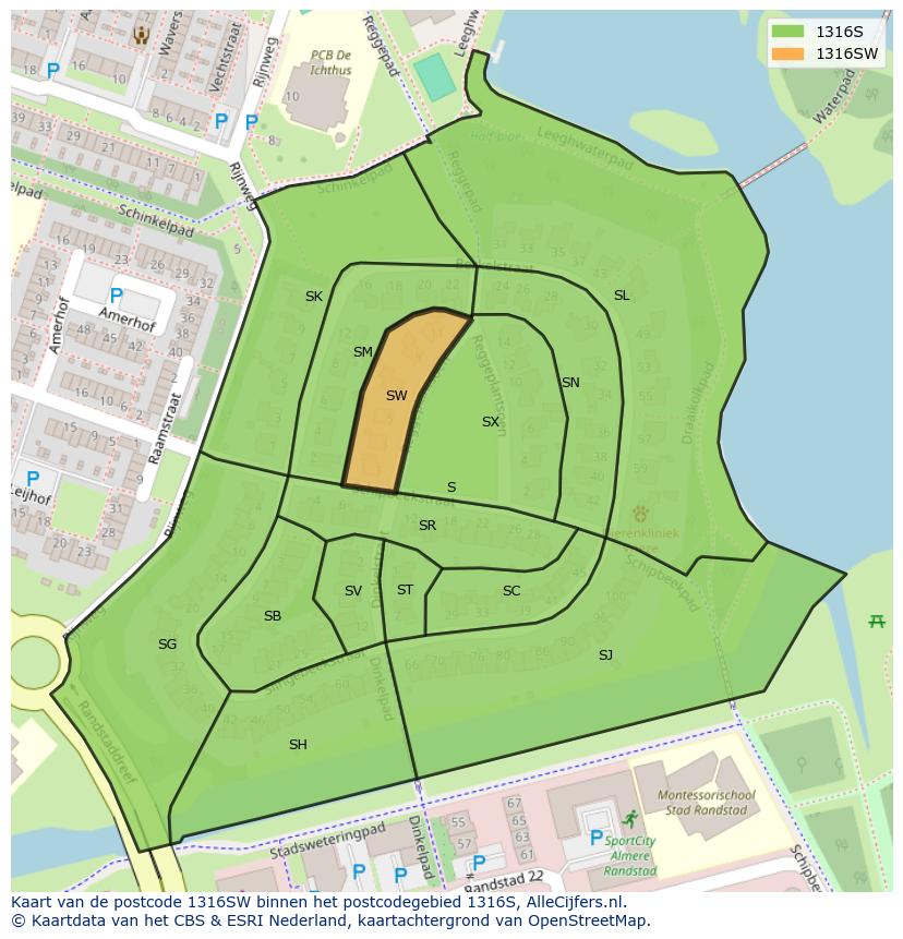 Afbeelding van het postcodegebied 1316 SW op de kaart.
