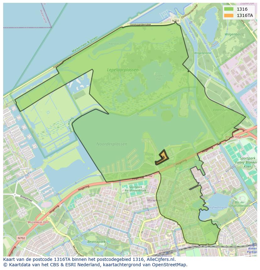 Afbeelding van het postcodegebied 1316 TA op de kaart.
