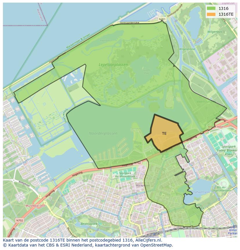 Afbeelding van het postcodegebied 1316 TE op de kaart.