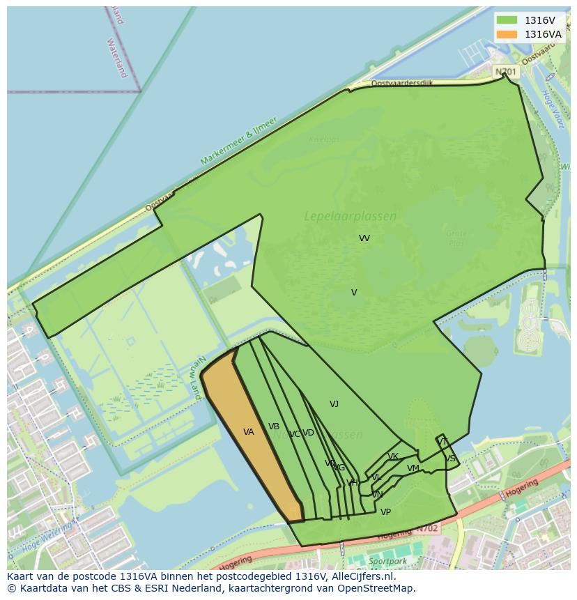 Afbeelding van het postcodegebied 1316 VA op de kaart.