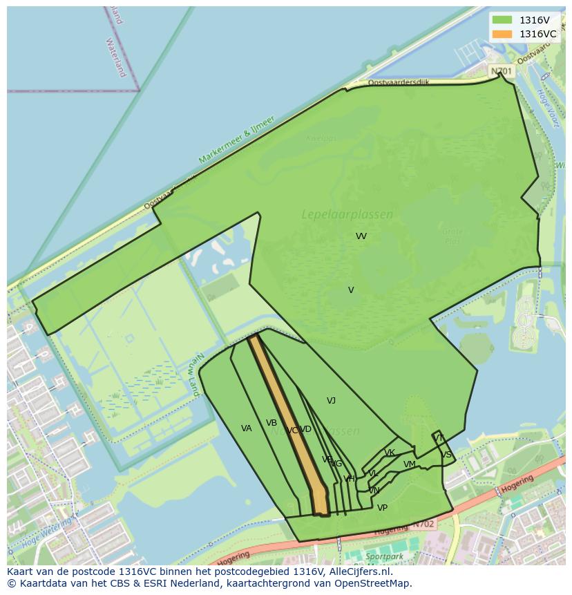 Afbeelding van het postcodegebied 1316 VC op de kaart.