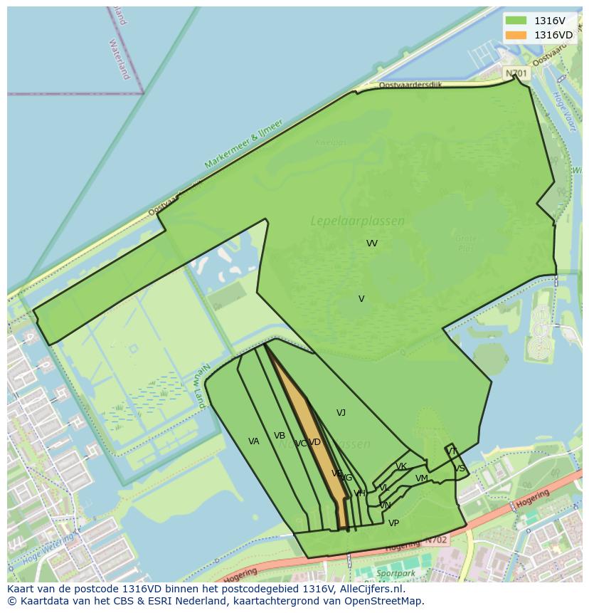 Afbeelding van het postcodegebied 1316 VD op de kaart.
