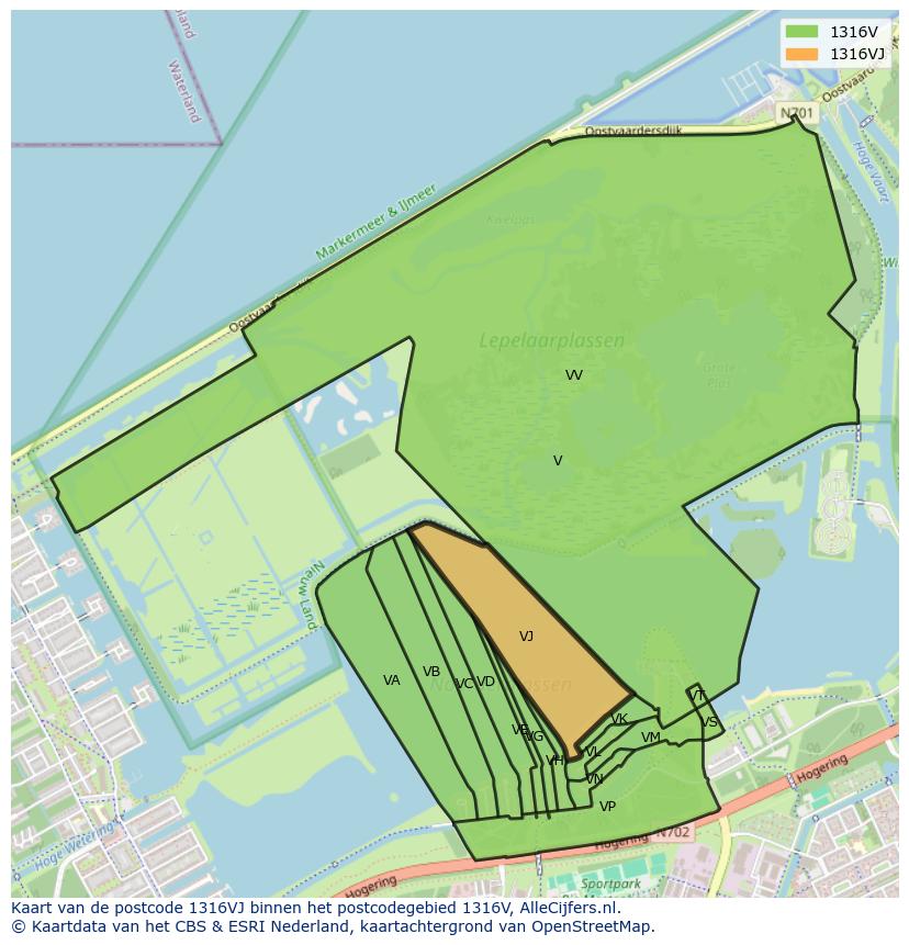 Afbeelding van het postcodegebied 1316 VJ op de kaart.