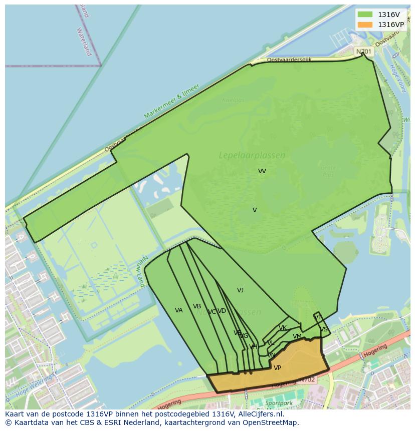 Afbeelding van het postcodegebied 1316 VP op de kaart.