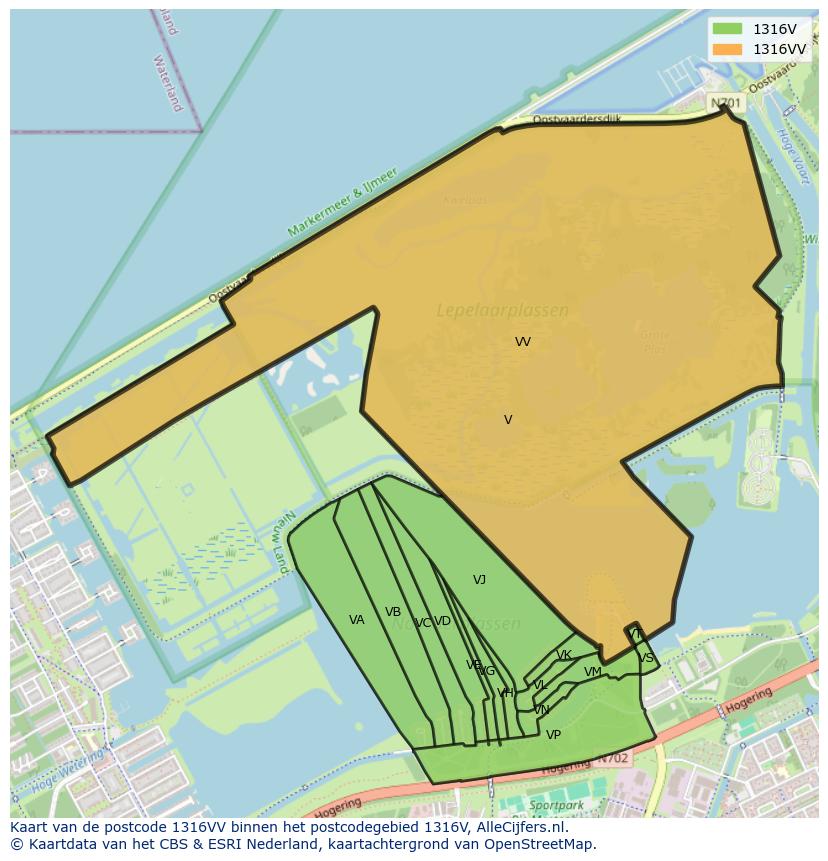 Afbeelding van het postcodegebied 1316 VV op de kaart.