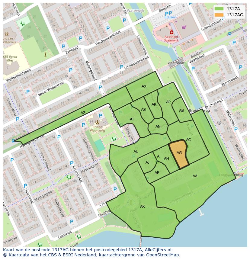 Afbeelding van het postcodegebied 1317 AG op de kaart.