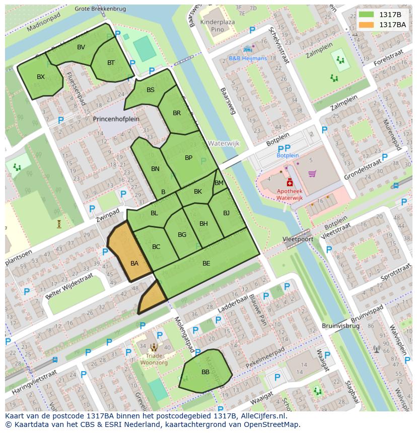 Afbeelding van het postcodegebied 1317 BA op de kaart.