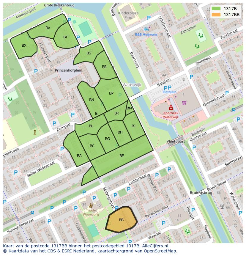 Afbeelding van het postcodegebied 1317 BB op de kaart.