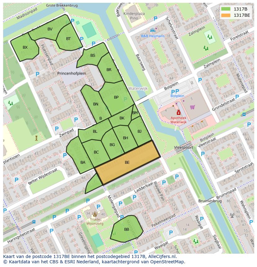 Afbeelding van het postcodegebied 1317 BE op de kaart.