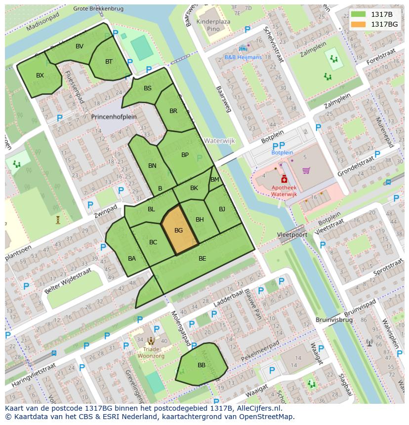 Afbeelding van het postcodegebied 1317 BG op de kaart.