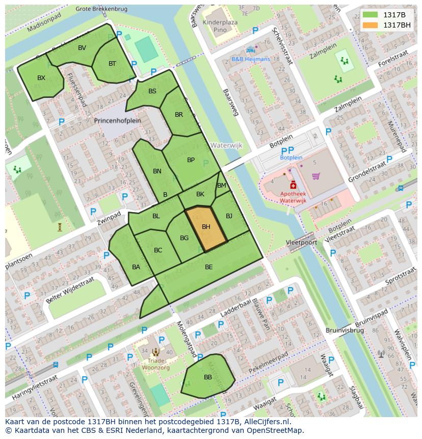 Afbeelding van het postcodegebied 1317 BH op de kaart.