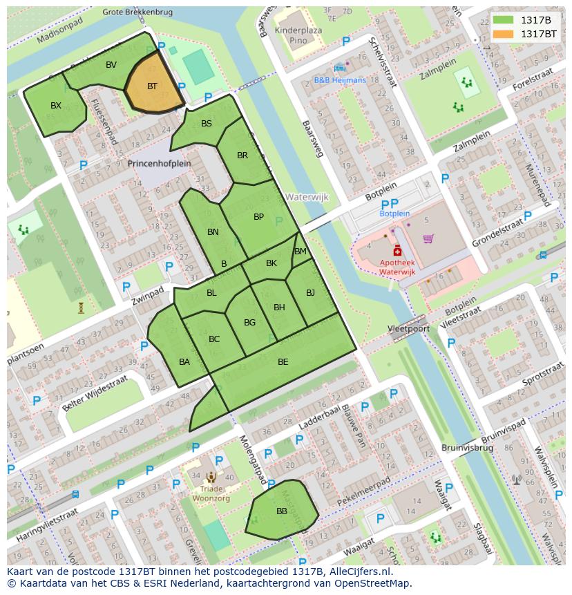 Afbeelding van het postcodegebied 1317 BT op de kaart.