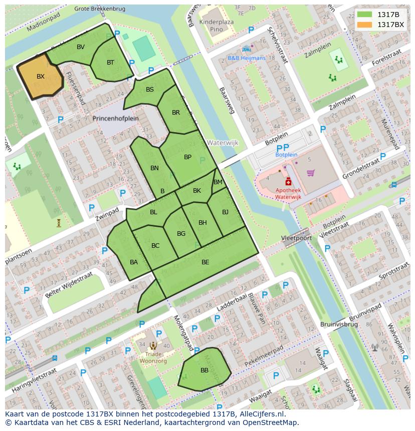 Afbeelding van het postcodegebied 1317 BX op de kaart.