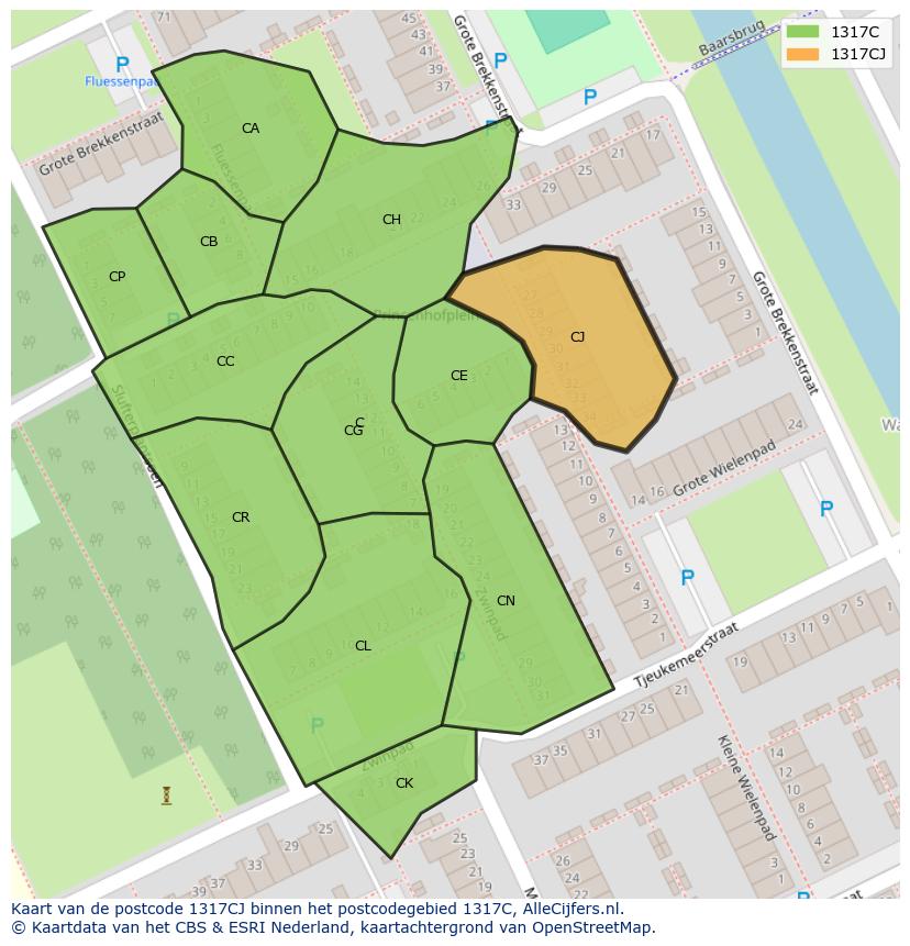 Afbeelding van het postcodegebied 1317 CJ op de kaart.