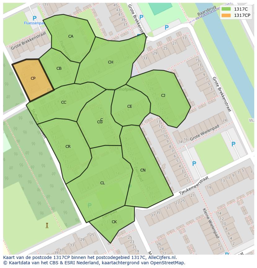 Afbeelding van het postcodegebied 1317 CP op de kaart.