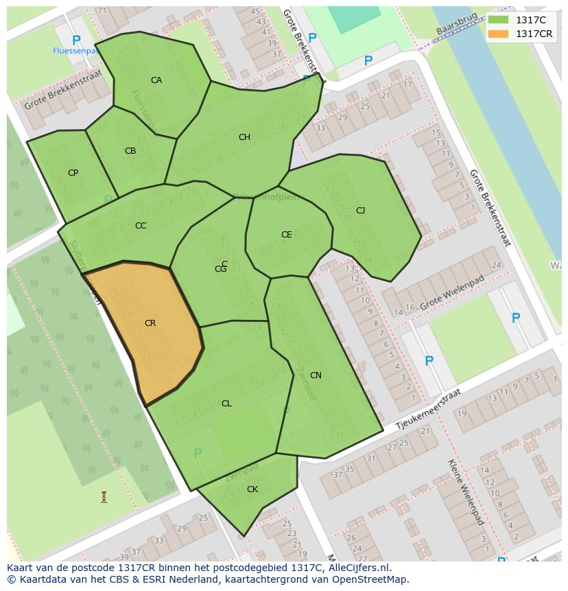 Afbeelding van het postcodegebied 1317 CR op de kaart.