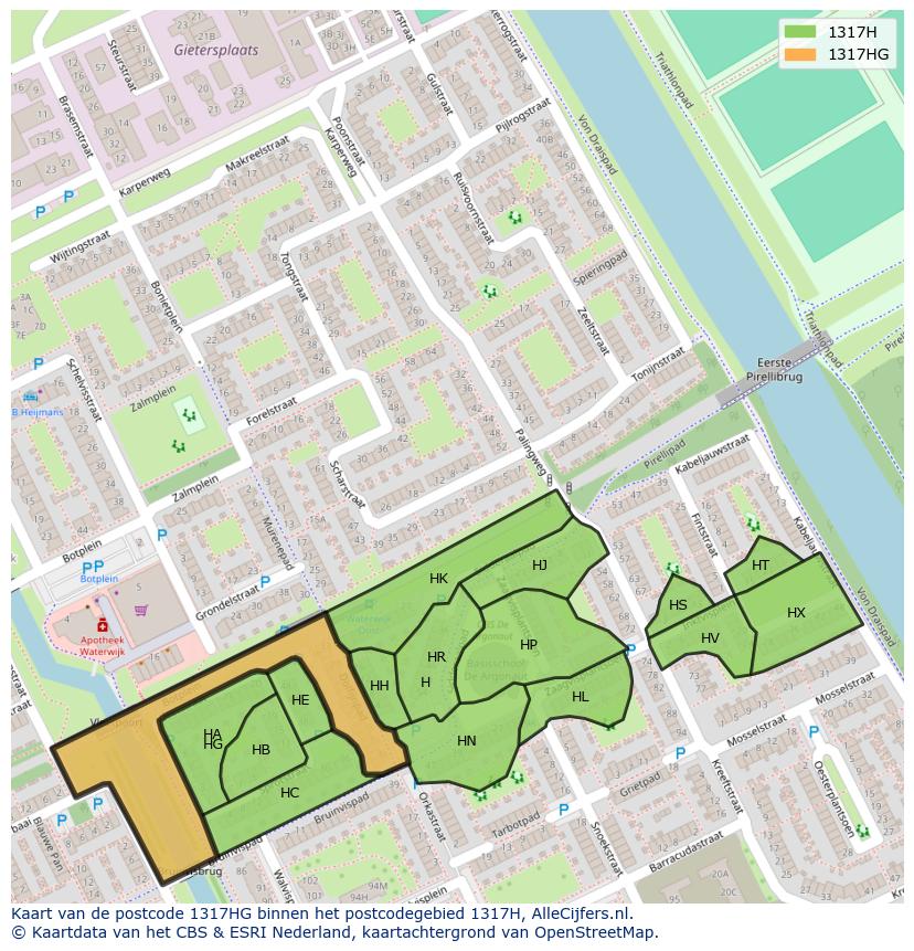 Afbeelding van het postcodegebied 1317 HG op de kaart.