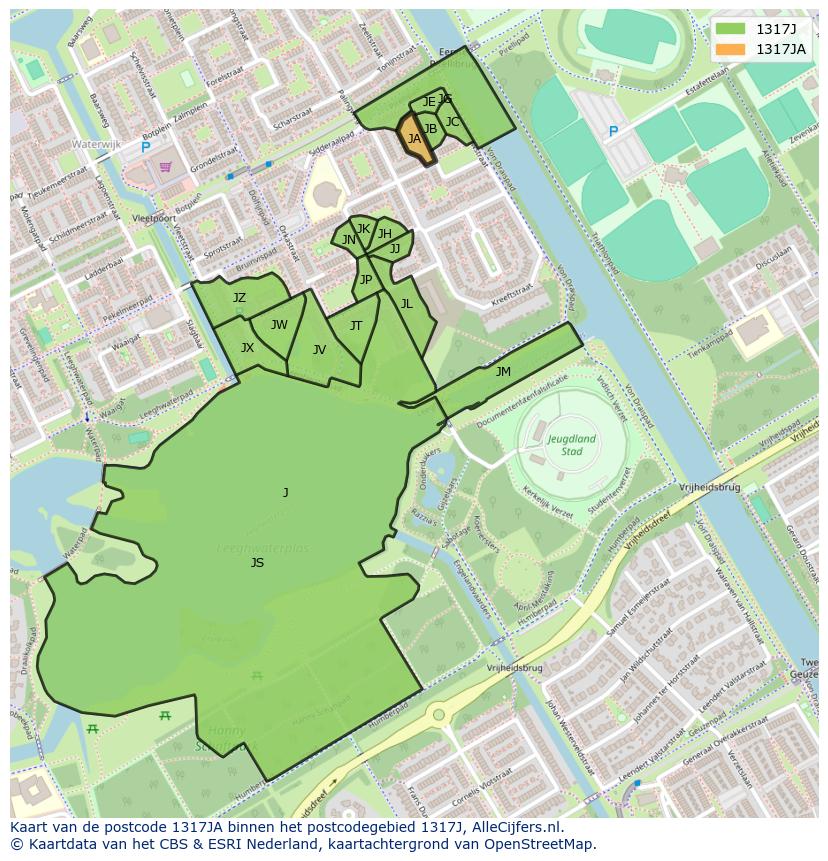 Afbeelding van het postcodegebied 1317 JA op de kaart.