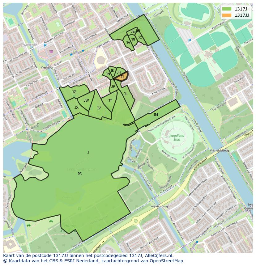 Afbeelding van het postcodegebied 1317 JJ op de kaart.