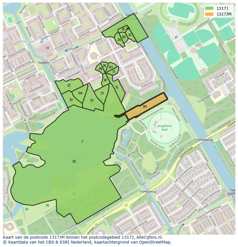 Afbeelding van het postcodegebied 1317 JM op de kaart.