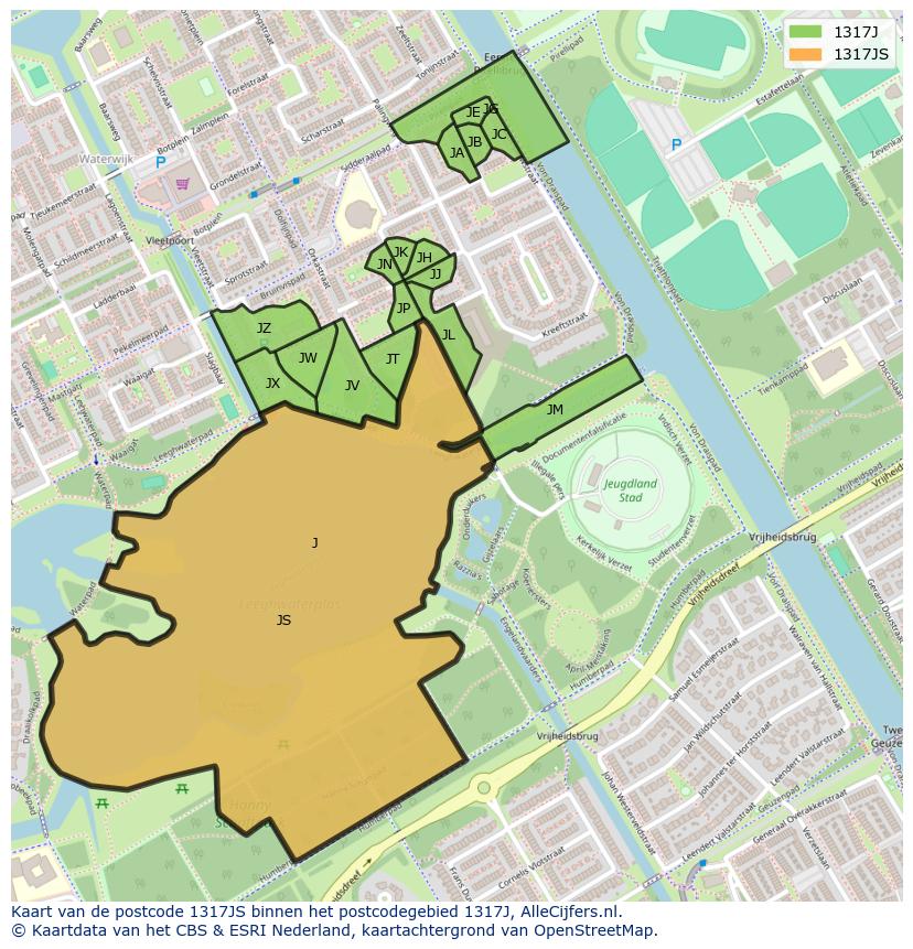 Afbeelding van het postcodegebied 1317 JS op de kaart.