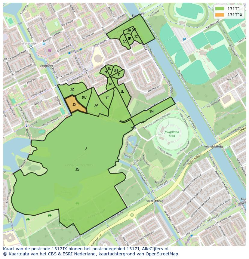 Afbeelding van het postcodegebied 1317 JX op de kaart.