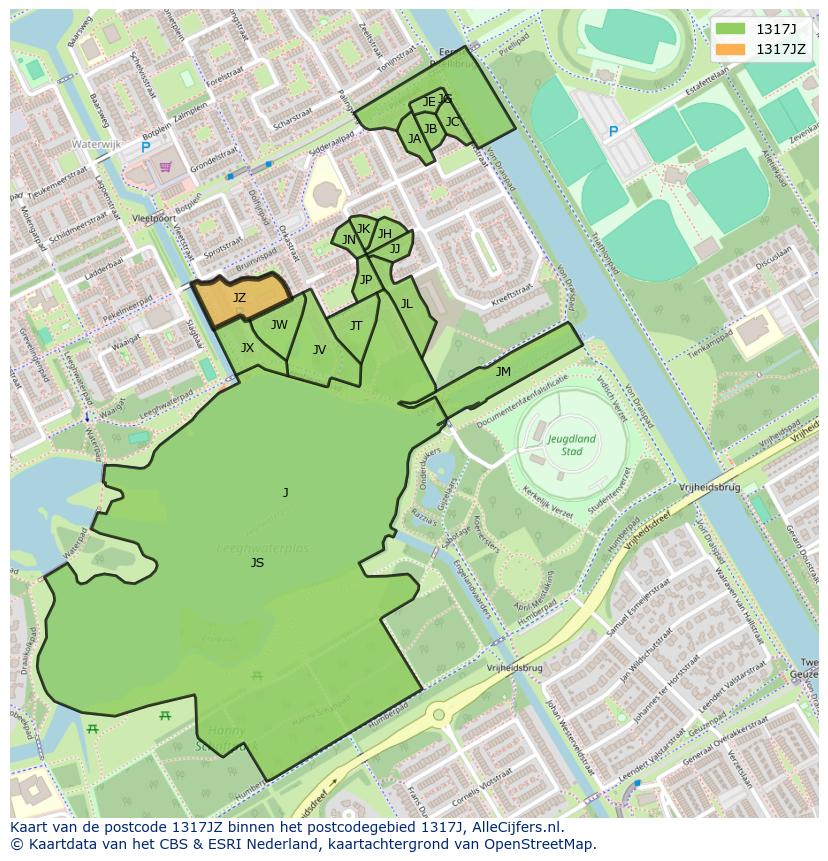 Afbeelding van het postcodegebied 1317 JZ op de kaart.