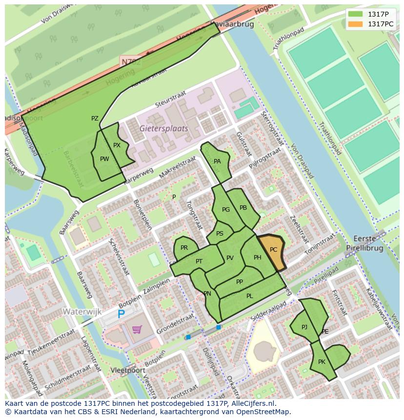 Afbeelding van het postcodegebied 1317 PC op de kaart.