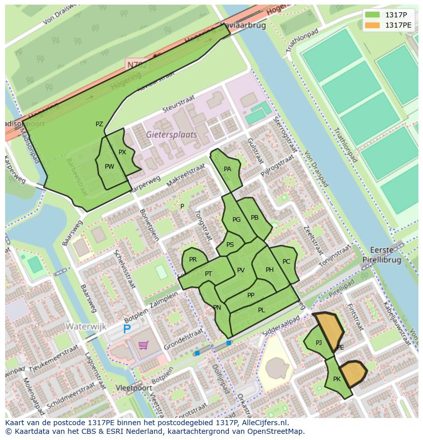 Afbeelding van het postcodegebied 1317 PE op de kaart.