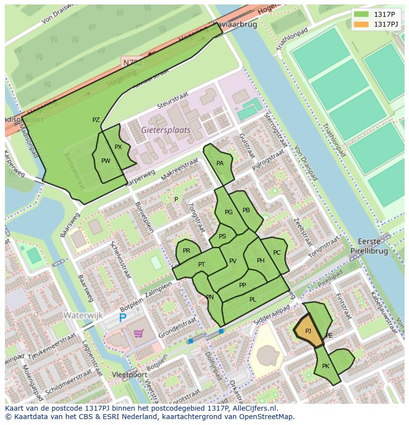 Afbeelding van het postcodegebied 1317 PJ op de kaart.
