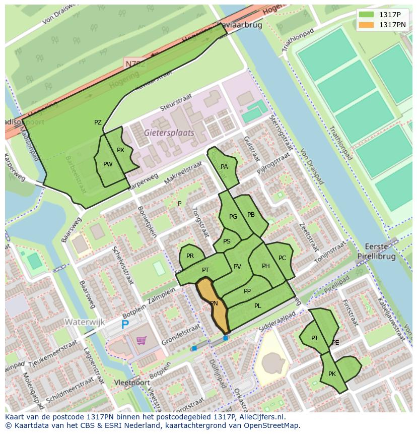 Afbeelding van het postcodegebied 1317 PN op de kaart.