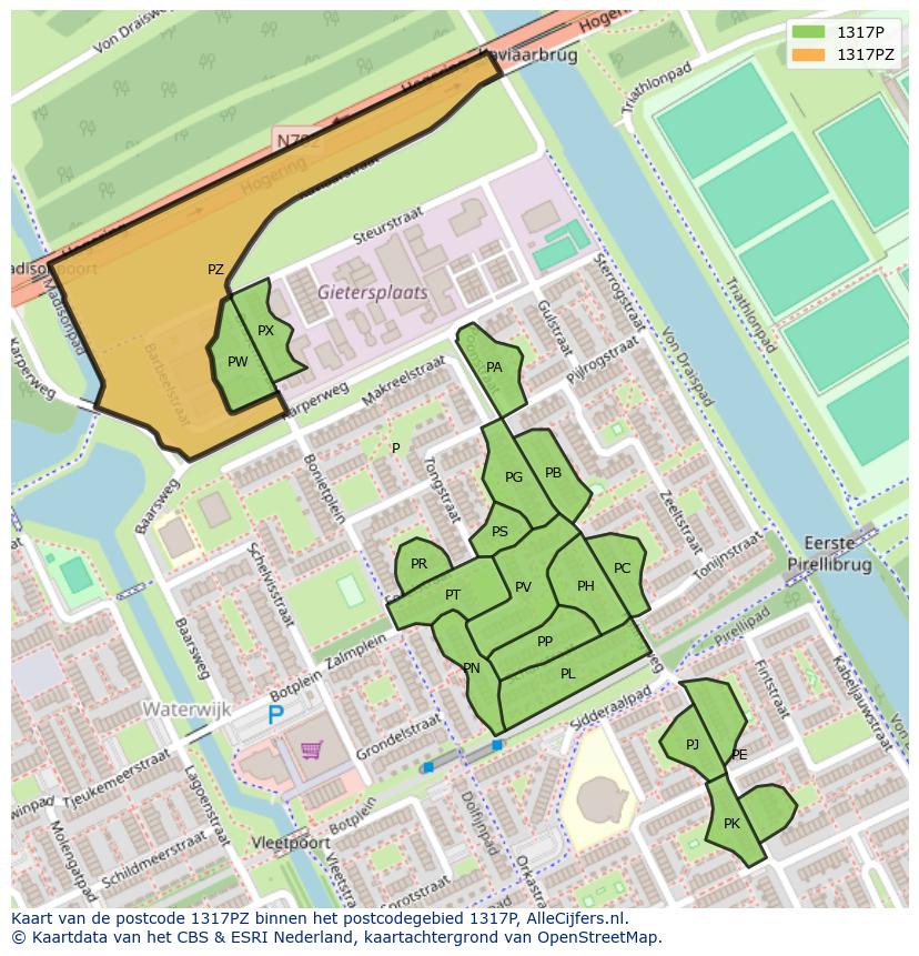 Afbeelding van het postcodegebied 1317 PZ op de kaart.