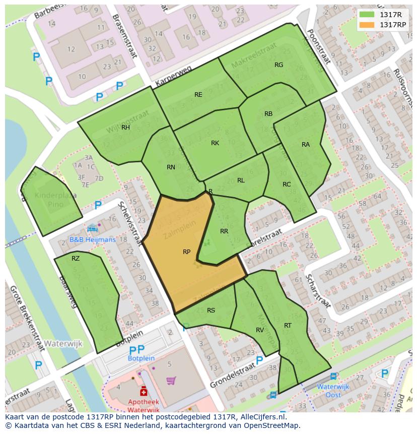 Afbeelding van het postcodegebied 1317 RP op de kaart.